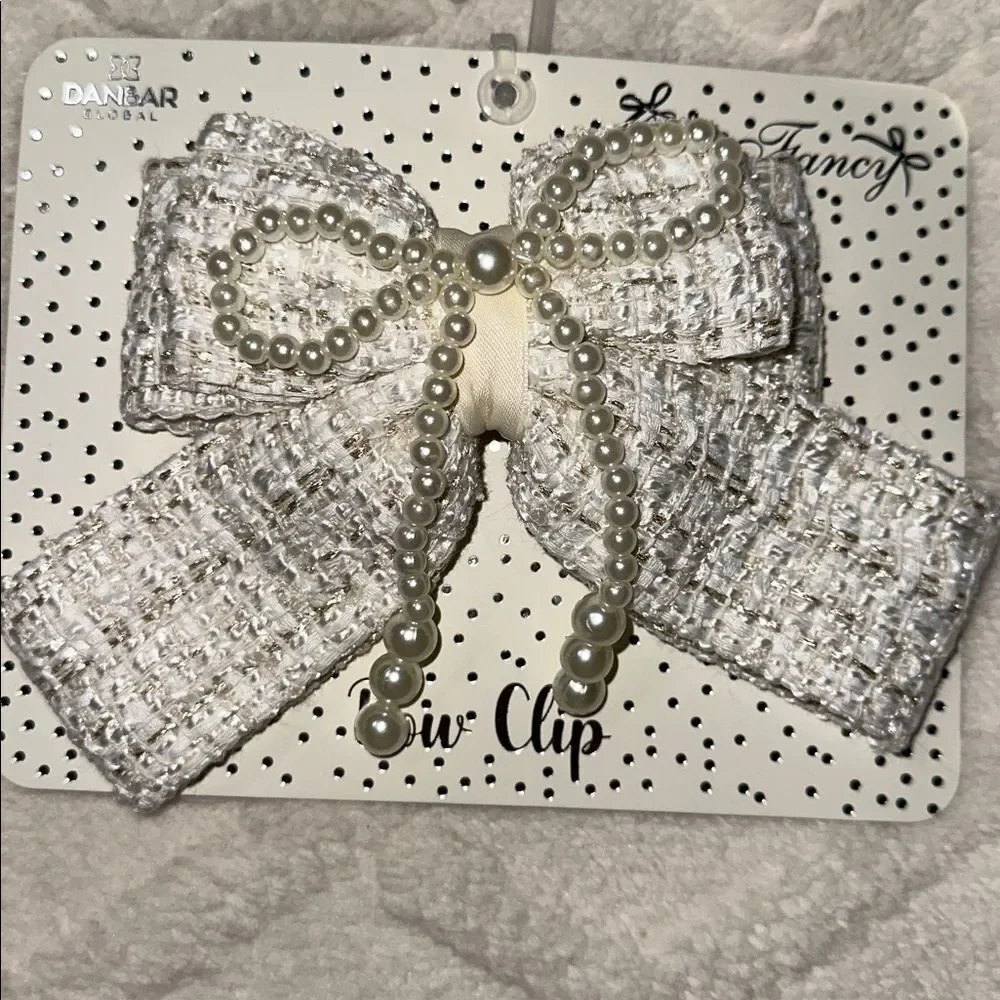 DANBAR GLOBAL Child Adult Ivory Gold White Tweed Faux Pearl Over Bow Hair Clip